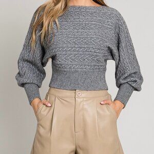 WORK IT OUT GRAY CABLE KNIT SWEATER